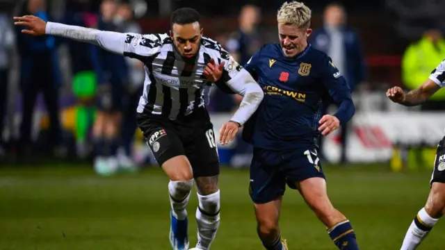 St Mirren's Charles Dunne battles for possession with Dundee's Luke McCowan