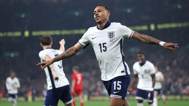 Morgan Rogers celebrates scoring his first England goal against Wales