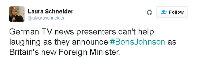 German TV news presenters can't help laughing as they announce #BorisJohnson as Britain's new Foreign Minister.