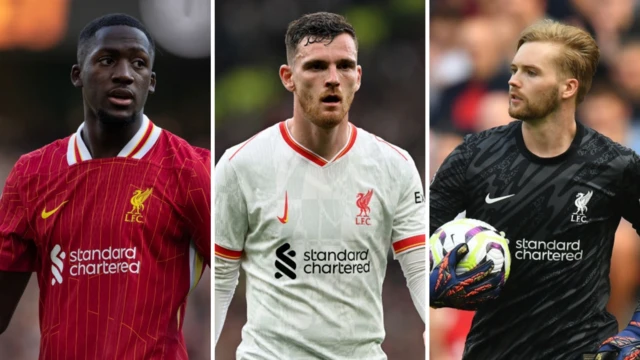 Ibrahima Konate, Andy Robertson and Caoimhin Kelleher playing for Liverpool