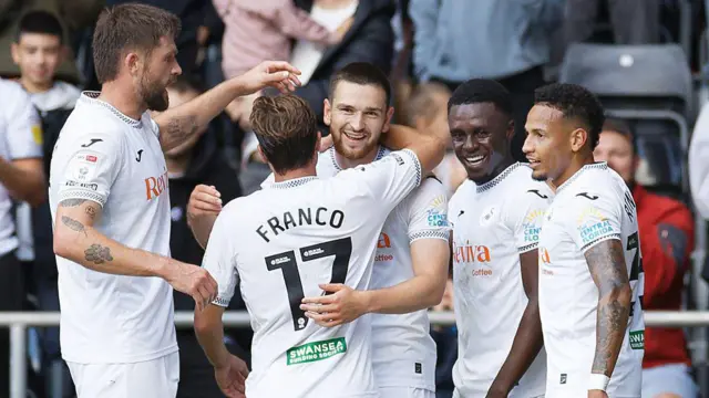 Swansea players celebrate Zan Vipotnik's goal against Hull