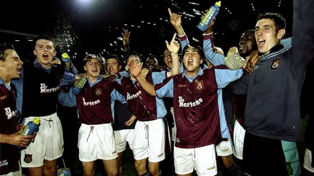 Michael Carrick celebrates winning the FA Youth Cup with West Ham in 1997
