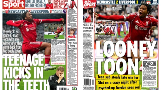 The Mirror back page with the headline 'Teenage kicks in the teeth' and the Star back page with the headline 'Looney Toon'