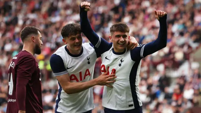 Mikey Moore celebrates scoring for Tottenham against Hearts