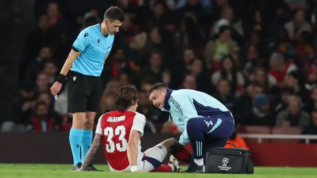 Riccardo Calafiori recieves treatment from the club physio