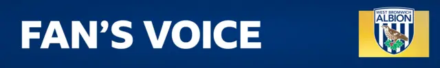 A blue banner with 'fan's voice' written in white letters and the West Bromwich Albion club badge on top of a yellow square on the right of the banner
