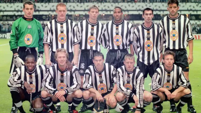A Newcastle United team photo before they face Barcelona in 1997