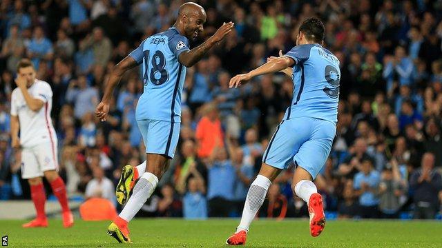 Fabian Delph celebrates his goal for Manchester City