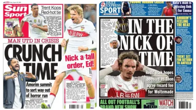 The Sun and the Daily Express carry images of Nick Woltemade on their back pages.