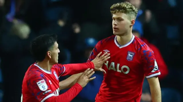 Sindre Walle Egeli is congratulated by team-mate Marcelino Nunez after scoring for Ipswich at Blackburn