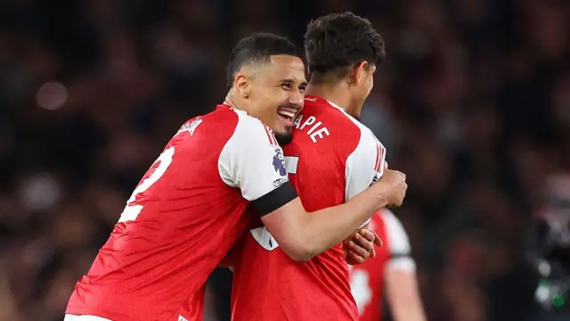 William Saliba and Piero Hincapie of Arsenal celebrate