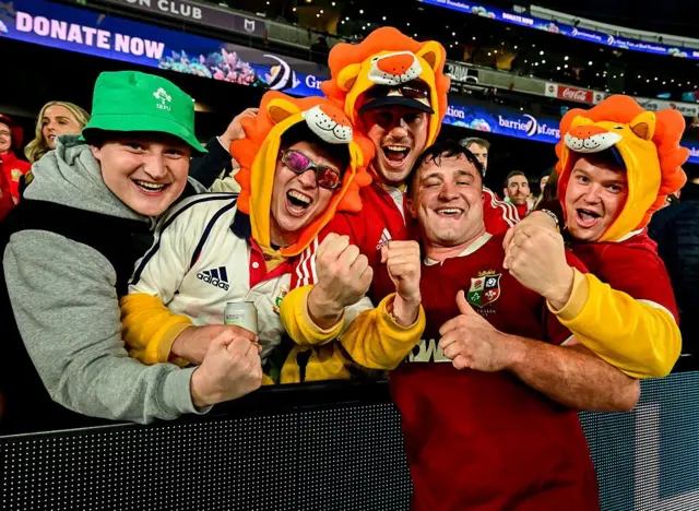 Tom Clarkson of the British and Irish Lions with friends from his home club, Wicklow RFC, after the game.