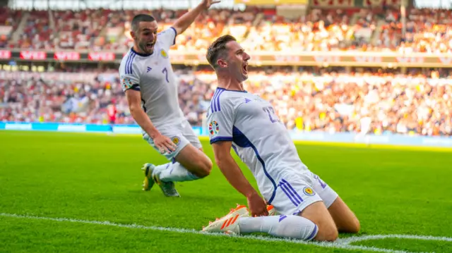 John McGinn and Kenny McLean celebrate after Scotland score in Norway