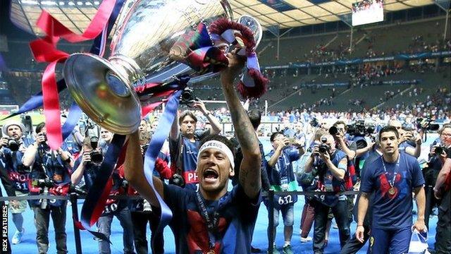 Neymar celebrates winning the 2015 Champions League final with Barcelona