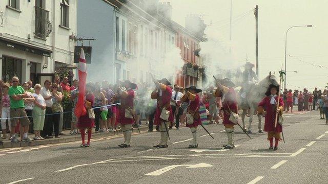 In Bangor, County Down, the North Irish Dragoons Society staged a re-enactment of the Battle of the Boyne, ahead of the main parade.