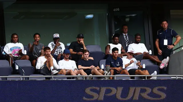 Destiny Udogie, Wilson Odobert, Pape Matar Sarr, Dominic Solanke, Mohammed Kudus, Kevin Danso, Guglielmo Vicario, James Maddison, Ben Davies, Mateus Fernandes and Micky van de Ven of Tottenham Hotspur look on during the during the pre-season friendly match between Tottenham Hotspur and TSG Hoffenheim