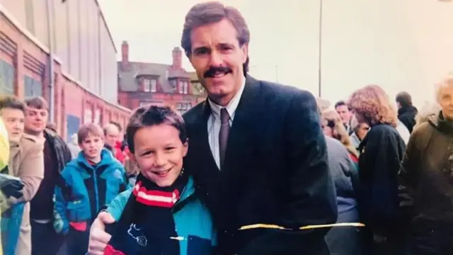 BBC Derby commentator Ed Dawes pictured with Eric Steele outside the Baseball Ground in the mid-1980s