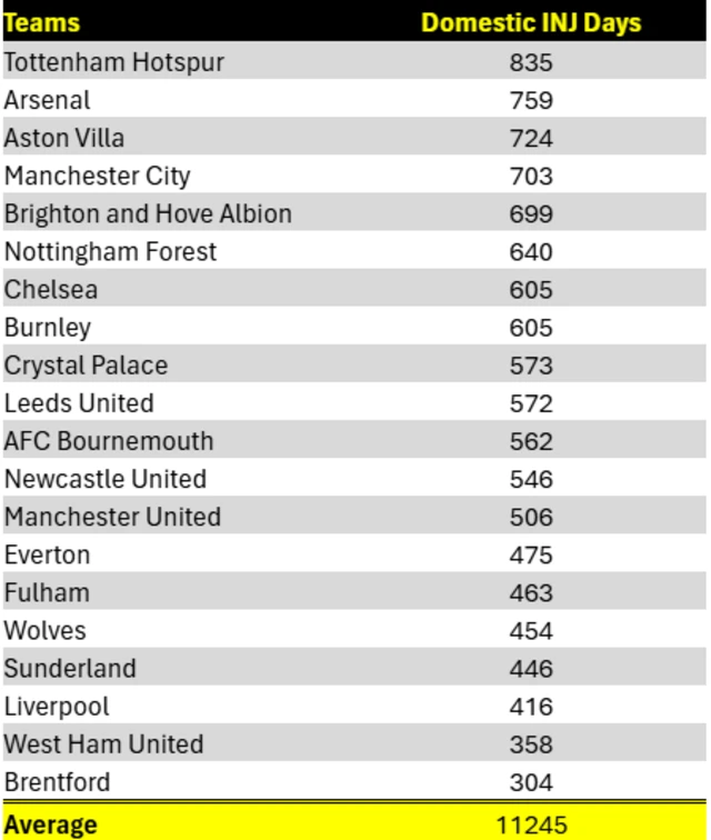 Days missed with domestic injuries this season