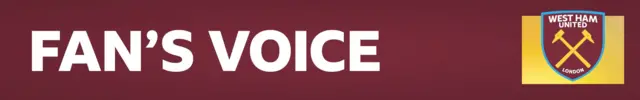 A claret banner with 'fan's voice' written in white letters and the West Ham United club badge on top of a yellow square on the right of the banner