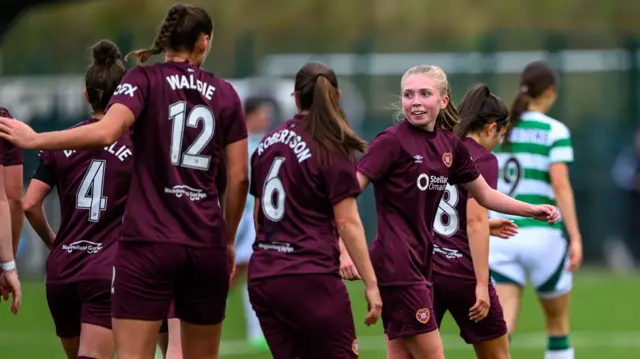 Hearts players celebrate against Celtic