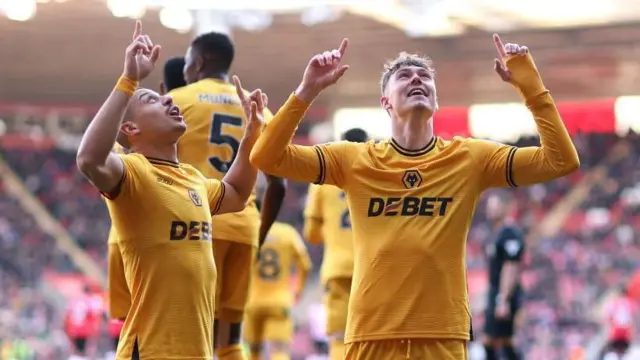 Jorgen Strand Larsen celebrates after scoring for Wolves against Southampton in the Premier League