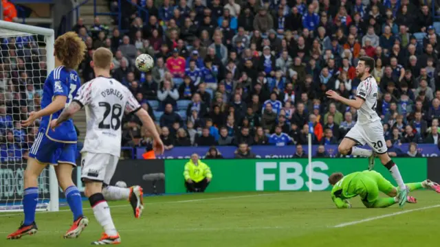 Finn Azaz is scoring for Middlesbrough, taking the lead to make it 1-0 against Leicester City during the first half of the Sky Bet Championship match at the King Power Stadium