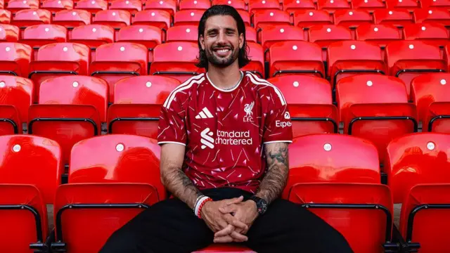 Dominic Szoboszlai of Liverpool signs new contract at Anfield on July 17, 2026 in Liverpool.