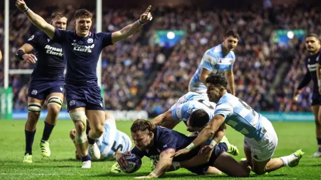 Scotland's Ewan Ashman scores the third try of the match during a Quilter Nations Series match between Scotland and Argentina at Scottish Gas Murrayfield, on November 16, 2025, in Edinburgh, Scotland