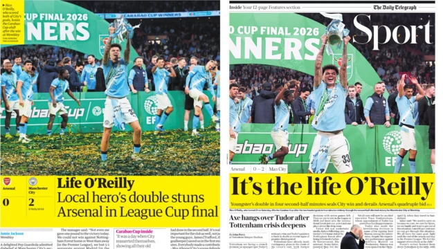 Back pages of the Guardian and the Telegraph showing Manchester City celebrating their Carabao Cup final win