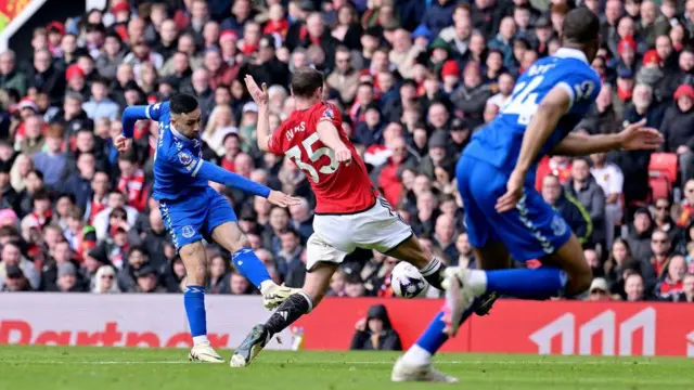 Dwight McNeil of Everton with a chance on goal during the Premier League match between Manchester United and Everton