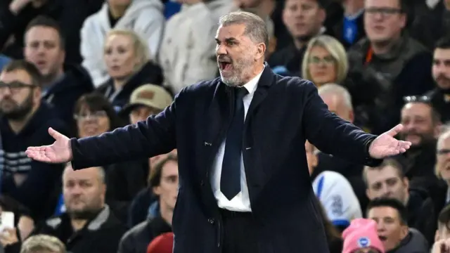 Tottenham manager Ange Postecoglou reacts during their defeat to Brighton