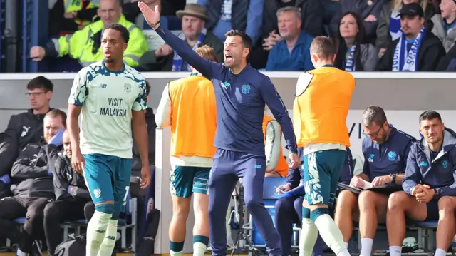 Brian Barry-Murphy with his hand in the air and shouting in front of the Cardiff City bench