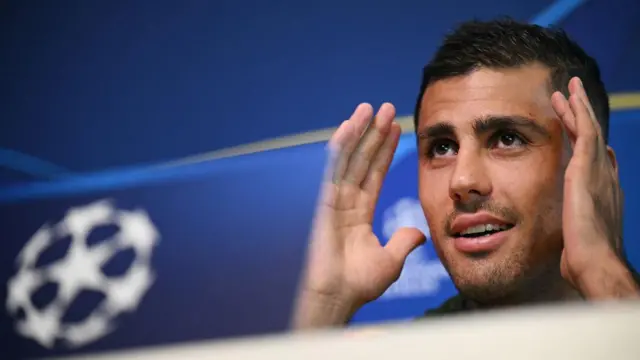 Rodri gestures as he speaks during the pre-Inter Milan press conference