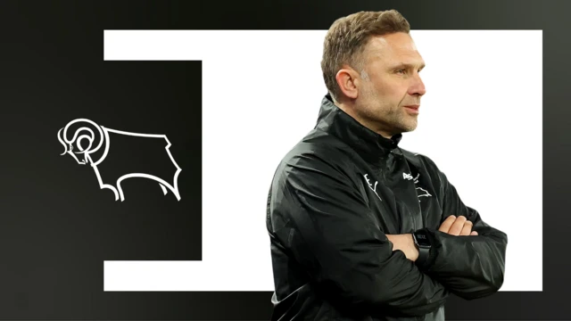 A photo of John Eustace next to Derby County's club badge