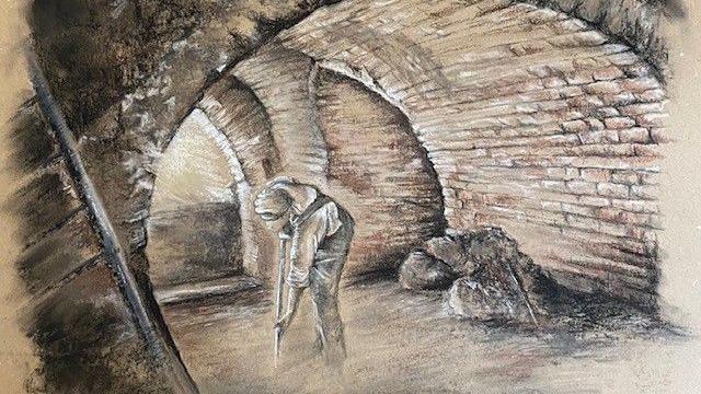 One of Matt Sayers' charcoal drawings, depicting a man at work in a brick-lined tunnel