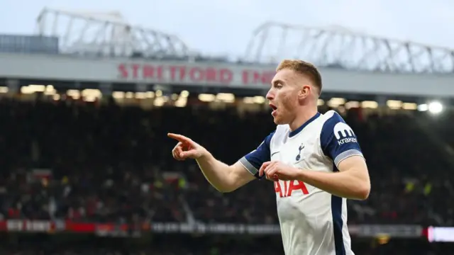 Dejan Kulusevski of Tottenham Hotspur celebrates scoring his team's second goal during the Premier League match between Manchester United FC and Tottenham Hotspur FC at Old Trafford