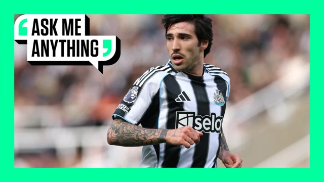 Sandro Tonali in action for Newcastle. The picture is surrounded by a green border with the Ask Me Anything logo in the top corner