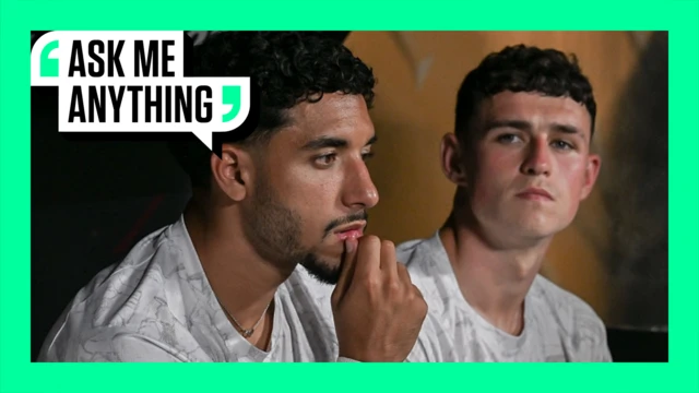 Omar Marmoush and Phil Foden look on with an Ask Me Anything border around them