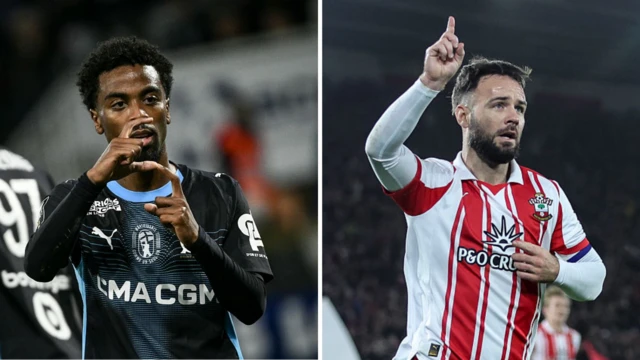 Split graphic of Angel Gomes and Adam Armstrong celebrating