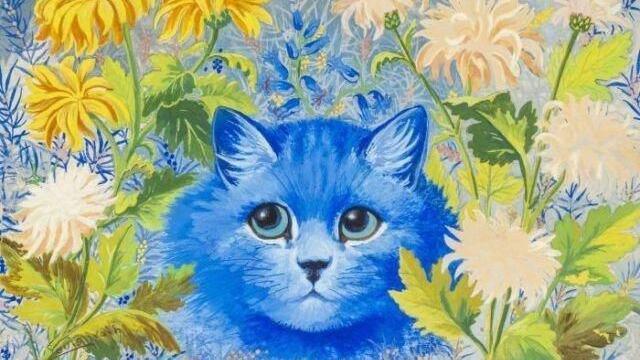 Louis Wain's painting of a bright blue cat, its head poking through yellow flowers with green leafy stems.