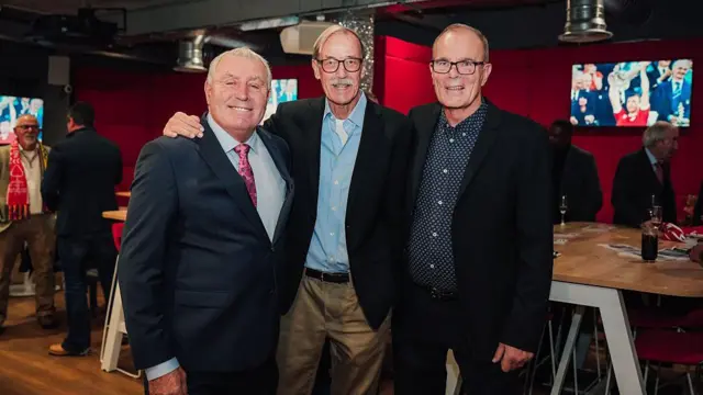 Peter Shilton, formerly of Nottingham Forest, joins Staffan Tapper and Jan Moller formerly of Malmo, before the match