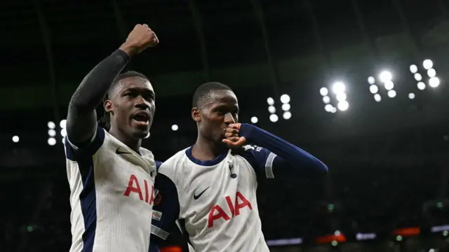 Tottenham Hotspur's Senegalese striker #29 Pape Matar Sarr (R) celebrates scoring the team's second goal during the UEFA Europa League League stage football match between Tottenham Hotspur and at the Tottenham Hotspur Stadium