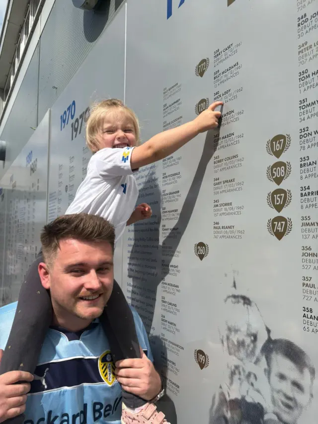 A man with a little girl on his shoulder pointing at the wall