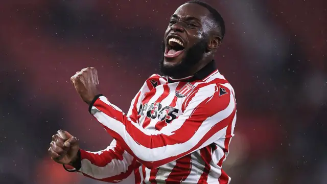 Junior Tchamadeu celebrating Stoke's win against Bristol City in November