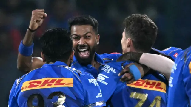 Mumbai Indians celebrate victory over Delhi Capitals