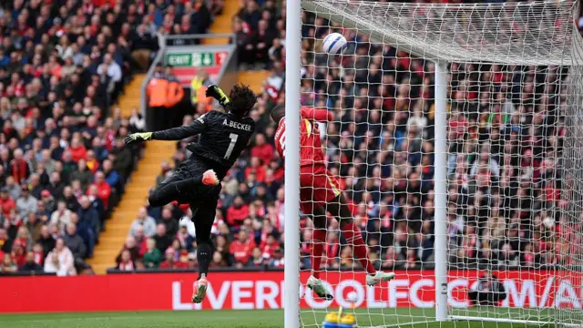 Alisson saves a shot against West Ham