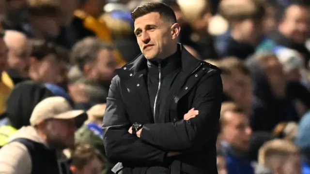 Portsmouth manager John Mousinho looks disappointed during the defeat to Plymouth