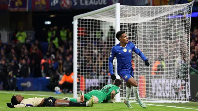  Estevao of Chelsea celebrates scoring against Barcelona