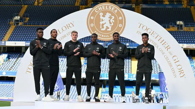 New signings Dario Essugo, Joao Pedro, Liam Delap, Jamie Gittens, Jorrel Hato and Estevao Willian pose at Stamford Bridge