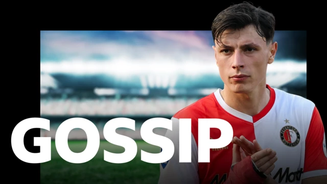 Anel Ahmedhodzic wearing Feyenoord's red and white home shirt during a pre-season friendly in July. He appears on BBC Sport's gossip column graphic which has 'gossip' written in white letters on top of a blurred out floodlit football stadium